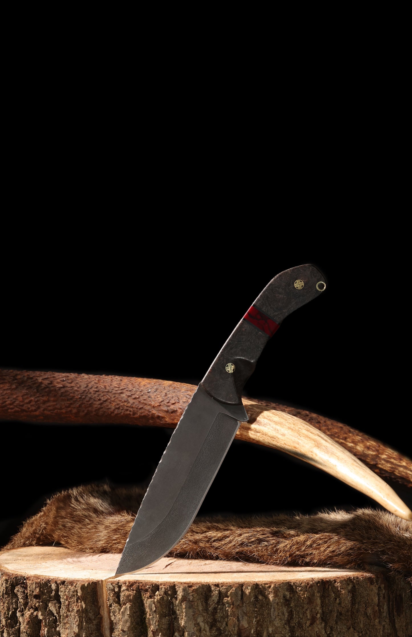 Series 1 -Doubled Dyed Maple Burl, Black G10, Bloody Basin Jasper with Black Webbing Truestone Split, Brass Mosaic Pins. Contoured grip- Slim Handle Edition