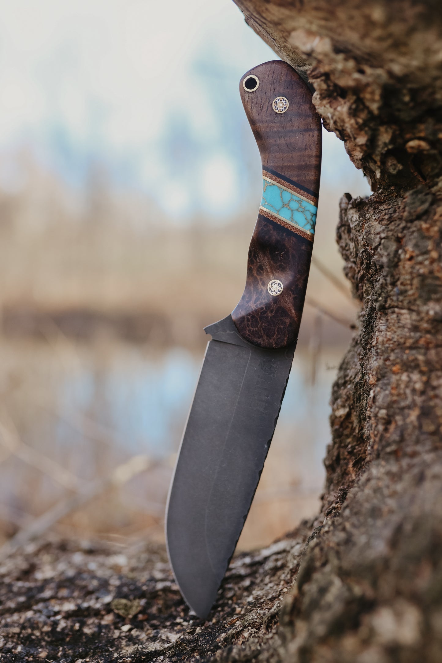 Series 1 CUSTOM FULL - Hawaiian Curly Koa, Black G-10, Brass, Turquoise Split with gold webbing, Micarta split, Brass, Redwood, Mosaic Pins, Contoured grip.