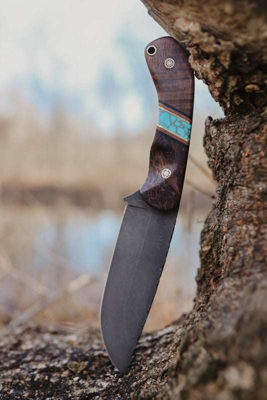 Series 1 CUSTOM FULL - Hawaiian Curly Koa, Black G-10, Brass, Turquoise Split with gold webbing, Micarta split, Brass, Redwood, Mosaic Pins, Contoured grip.