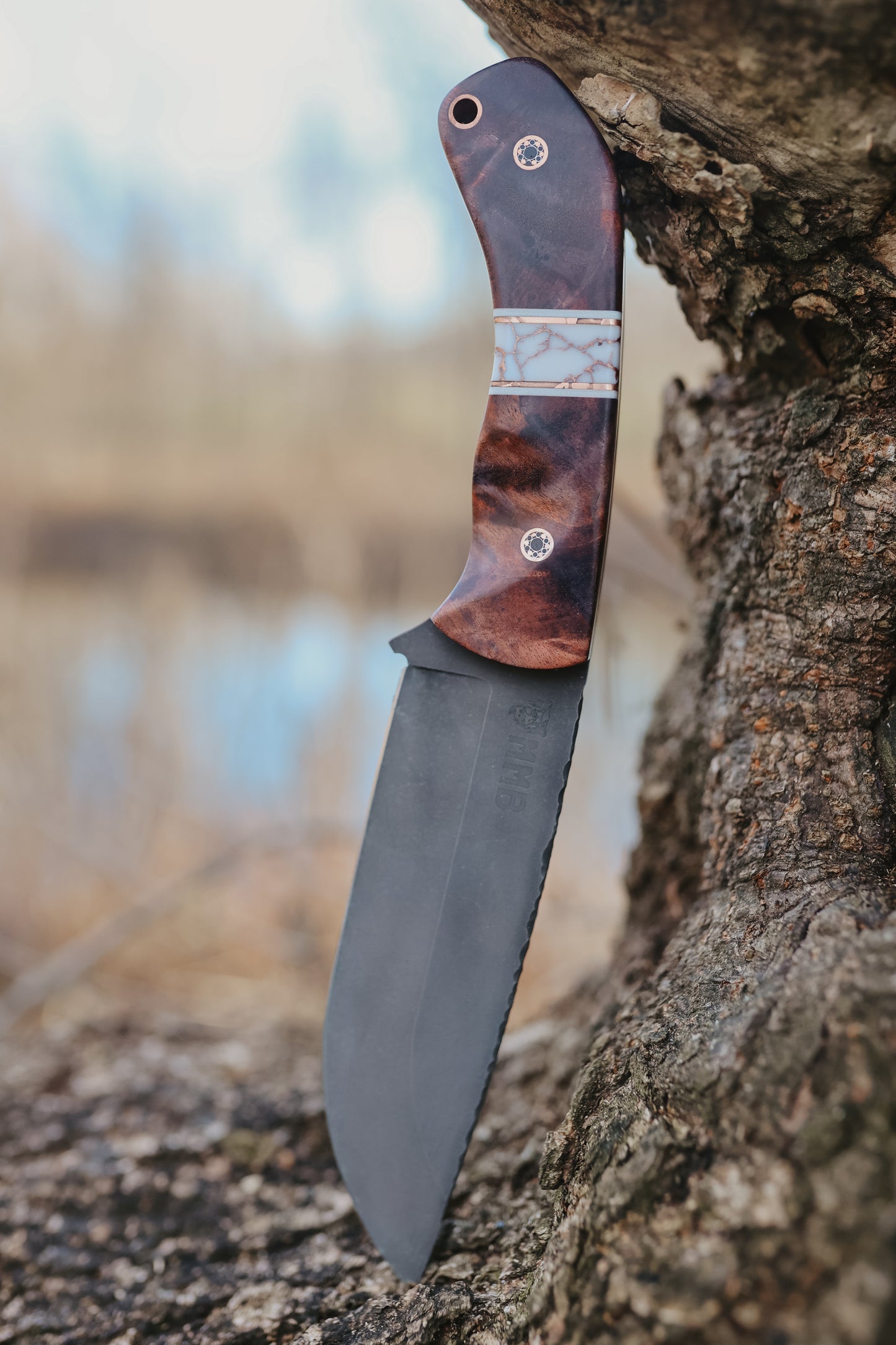 Series 1 CUSTOM FULL - Curly Cottonwood, White G10, Copper, White Truestone Split with copper webbing, Northern Rocky Mountain Ram, Brass Mosaic Pins. Contoured grip.