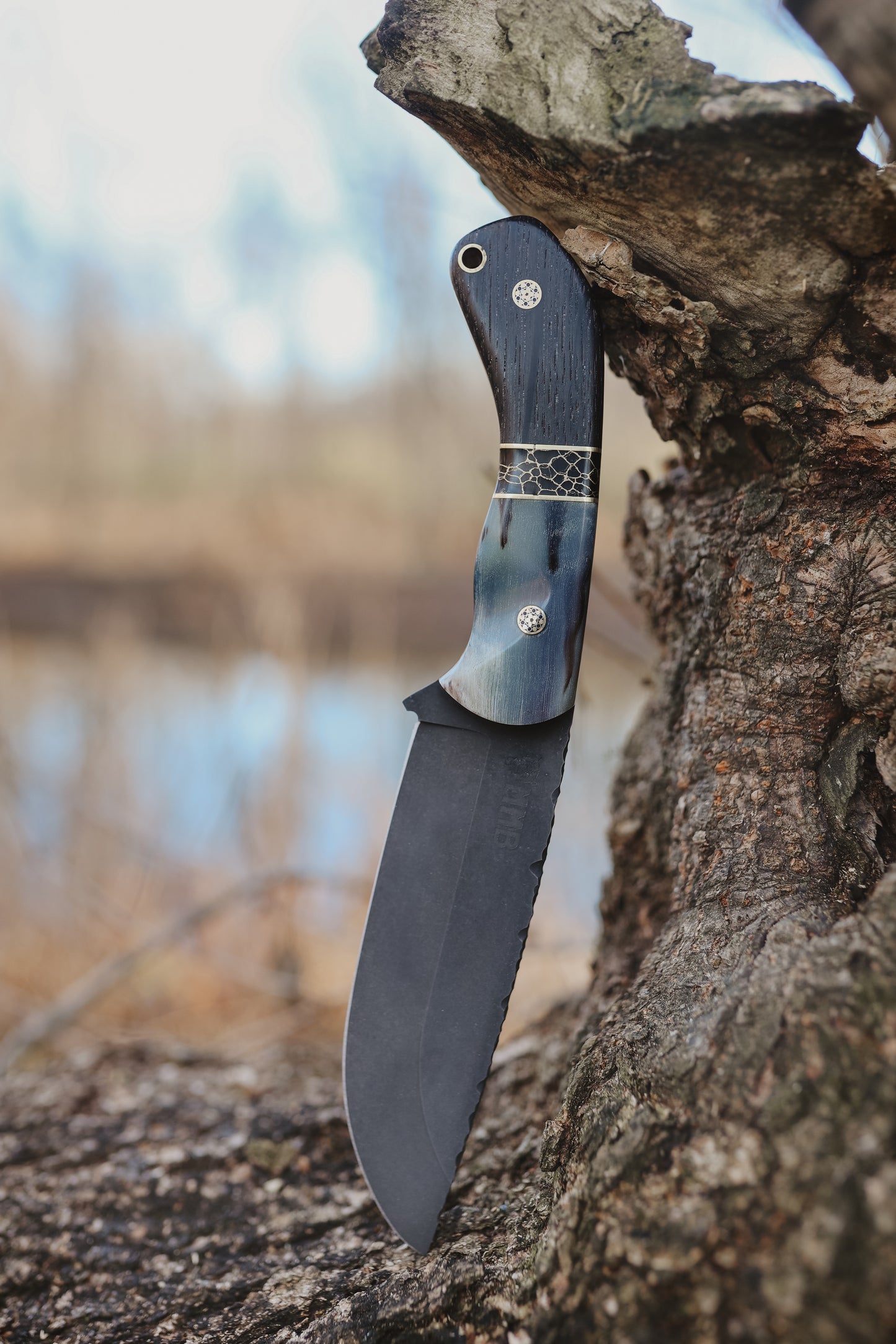 Series 1 CUSTOM Jr. - Northern Rocky Mountain Ram, Brass, Black Truestone Split with gold webbing, Bog Oak Brass Mosaic Pins. Contoured grip.