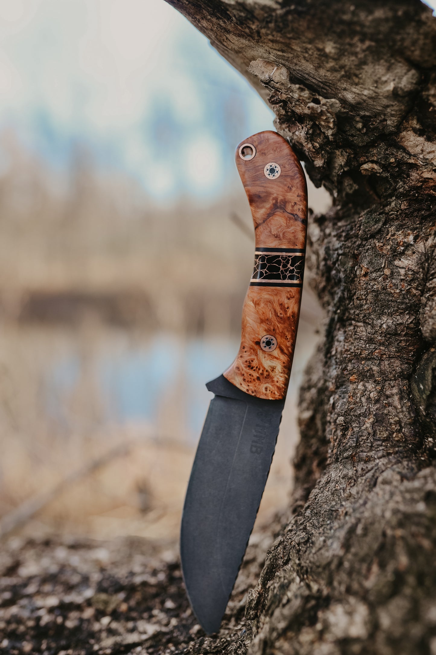 Series 1 CUSTOM Jr - Yellow Cedar, Black G10, Copper, Black Truestone Split with copper webbing, Yellow Cedar, Brass Mosaic Pins. Contoured grip.