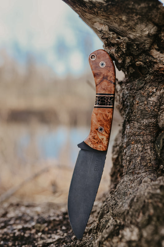 Series 1 CUSTOM Jr - Yellow Cedar, Black G10, Copper, Black Truestone Split with copper webbing, Yellow Cedar, Brass Mosaic Pins. Contoured grip.