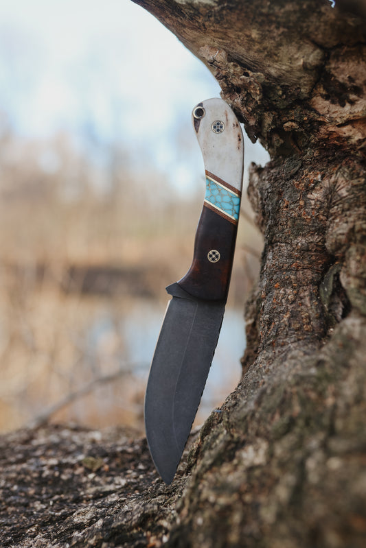 Series 1 CUSTOM Jr- Dessert Ironwood, Micarta, Brass, Turquoise Split with gold webbing, New Zealand Stag, Brass Mosaic Pins. Contoured grip.
