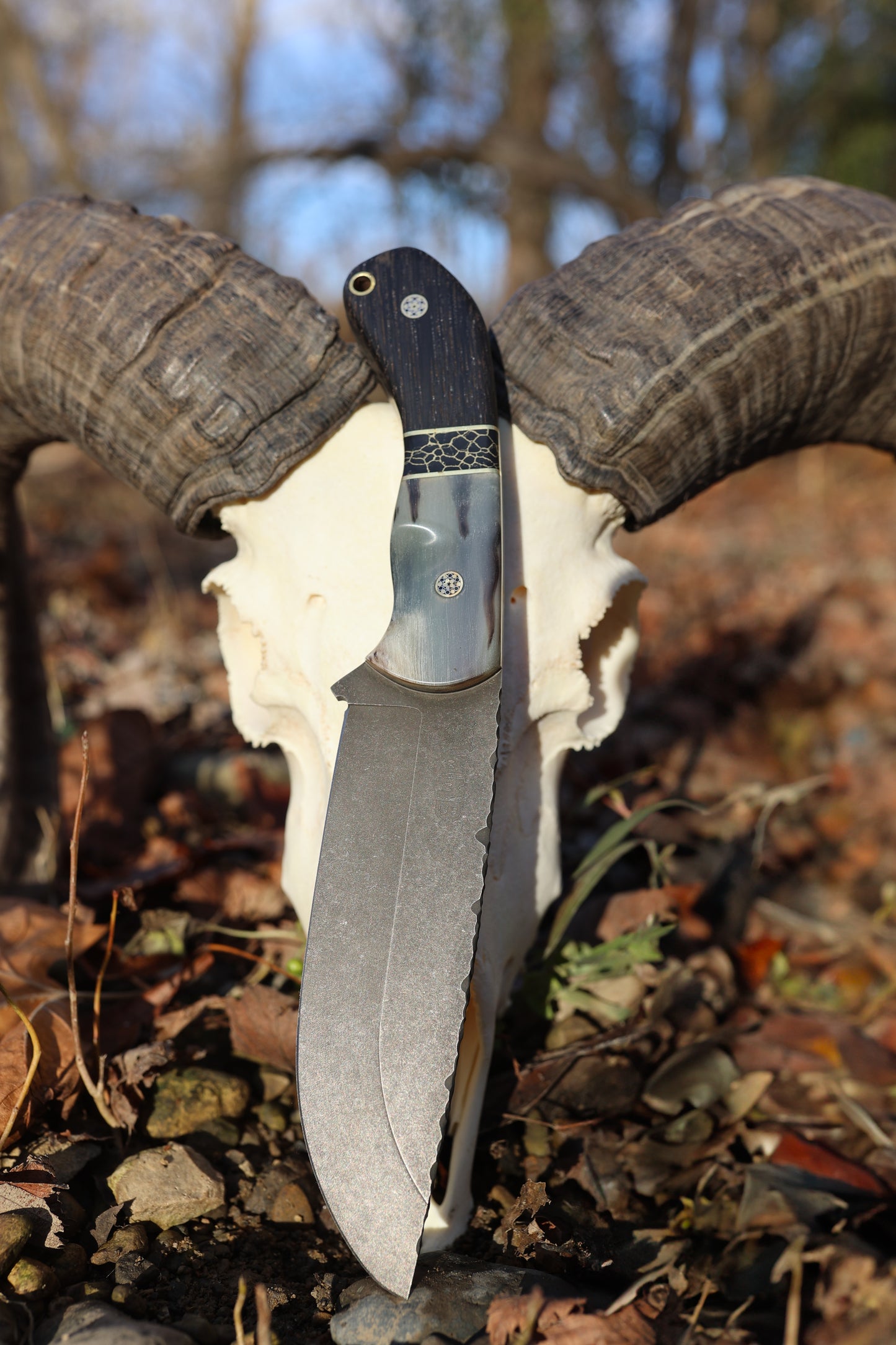 Series 1 CUSTOM Jr. - Northern Rocky Mountain Ram, Brass, Black Truestone Split with gold webbing, Bog Oak Brass Mosaic Pins. Contoured grip.