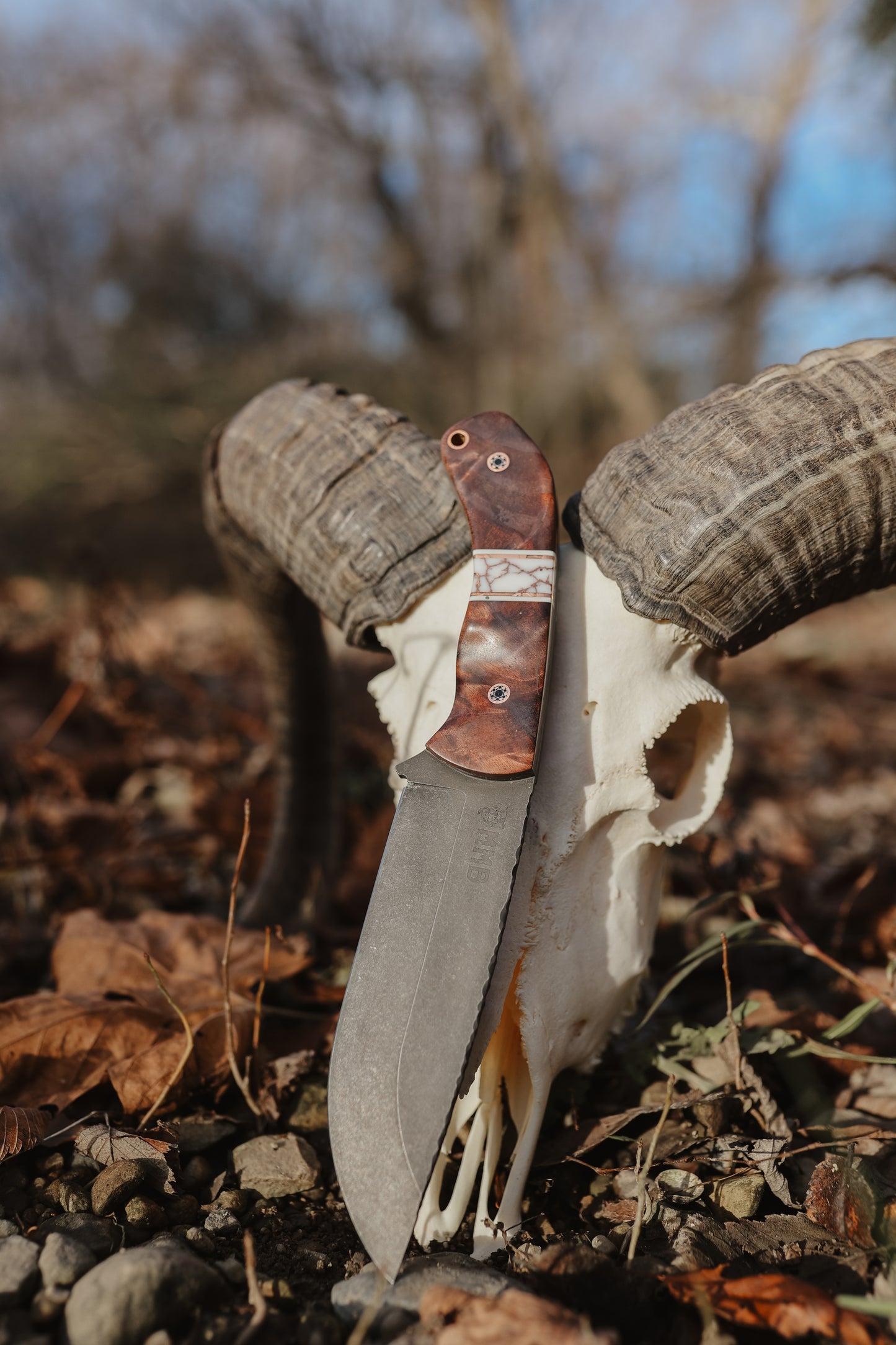 Series 1 CUSTOM FULL - Curly Cottonwood, White G10, Copper, White Truestone Split with copper webbing, Northern Rocky Mountain Ram, Brass Mosaic Pins. Contoured grip.
