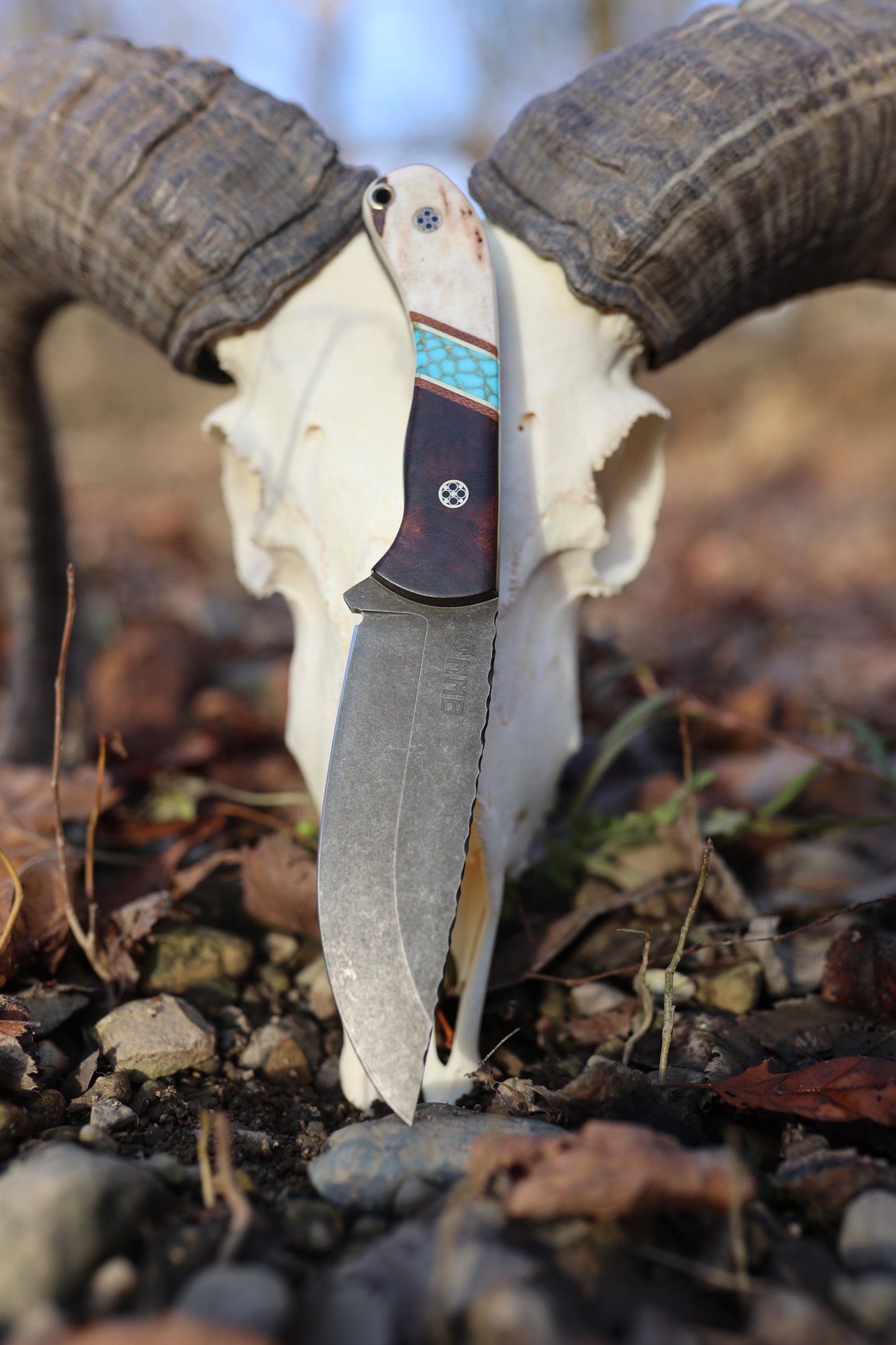 Series 1 CUSTOM Jr- Dessert Ironwood, Micarta, Brass, Turquoise Split with gold webbing, New Zealand Stag, Brass Mosaic Pins. Contoured grip.