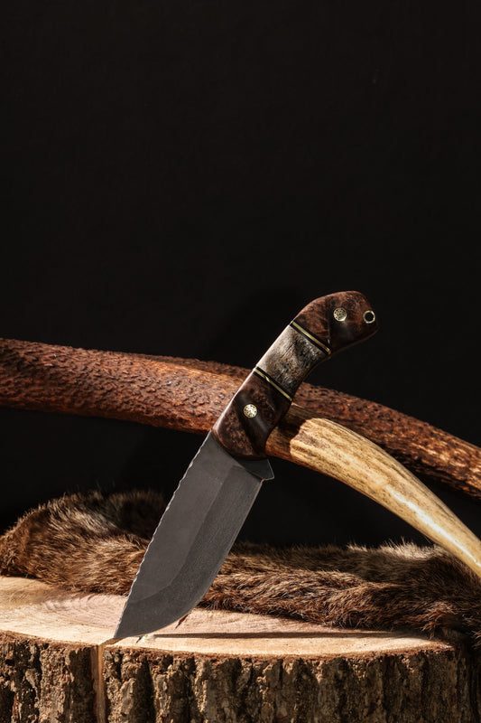 Series 1- Chechen Caribbean RoseWood, Black G10, Brass, Black G10 Northern Rocky Mountain Elk Rock Split, Brass Mosaic Pins, Contoured grip.